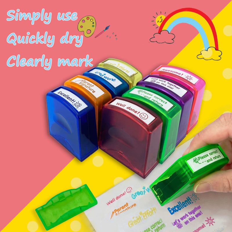 Bertiveny Teacher Stamps for Grading Classroom Parent Signature Self-Inking Teacher Stamp Set School Supplies for Homework Reward for Elementary  8 pcs(Rainbow) - Image 3